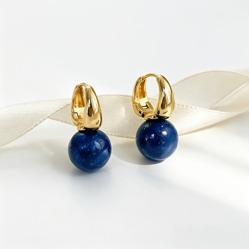 18k Elegant Lapis Lazuli Sphere Drop Earrings