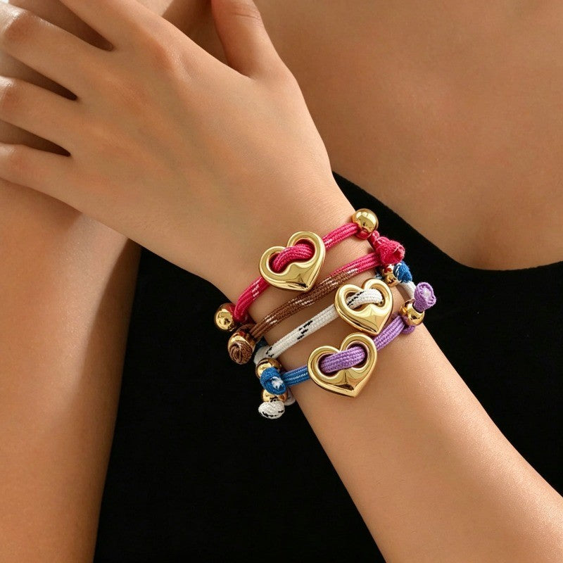 18k Boho Multi-Color Braided Heart Bracelet Set