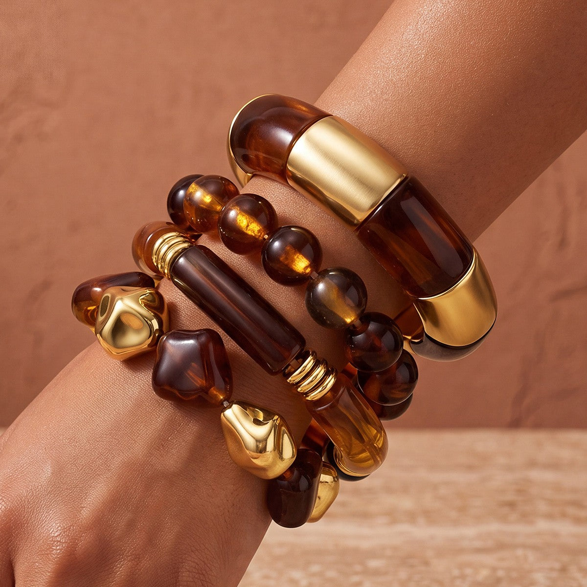 Boho Amber Acrylic Bead Bracelet Set