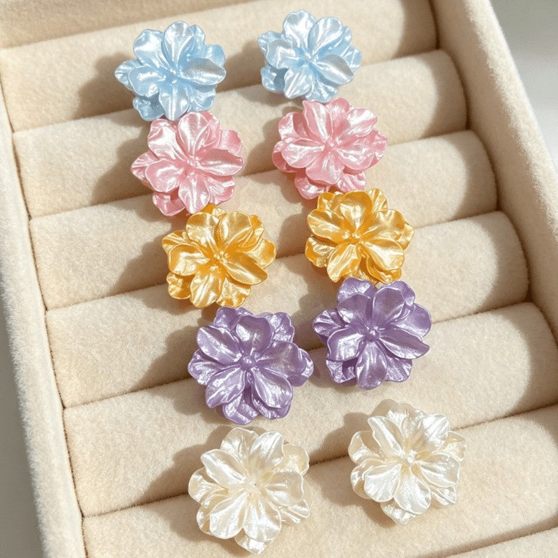 5pc Romantic Iridescent Resin Flower Stud Earring Set