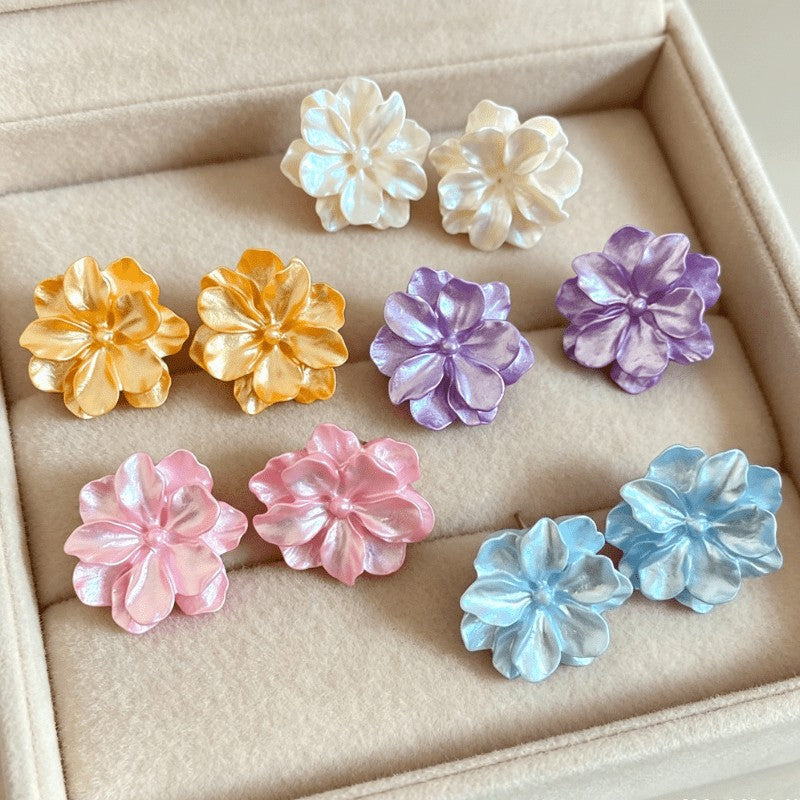 5pc Romantic Iridescent Resin Flower Stud Earring Set