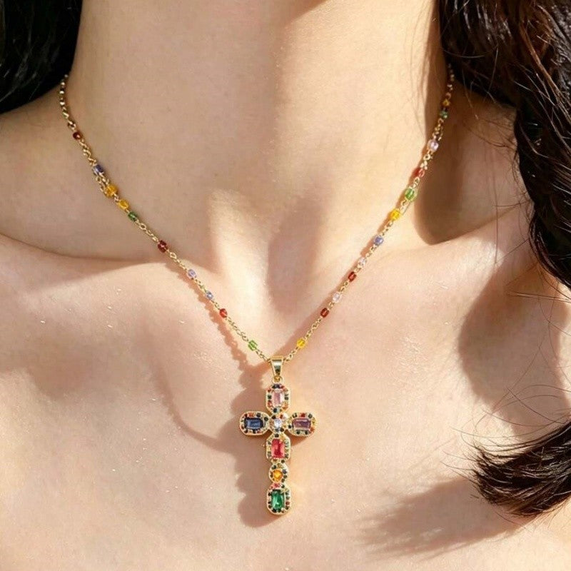 Boho Multicolor Gem Cross Necklace
