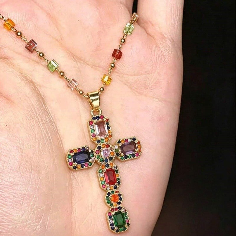 Boho Multicolor Gem Cross Necklace