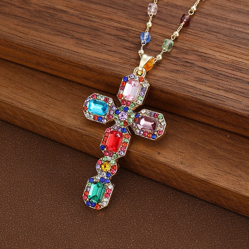 Boho Multicolor Gem Cross Necklace