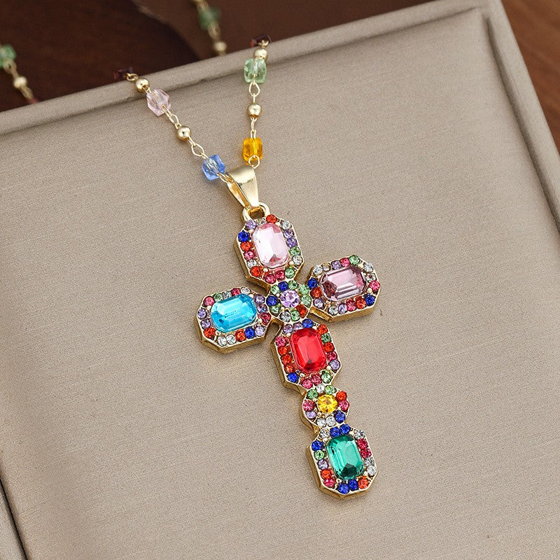 Boho Multicolor Gem Cross Necklace