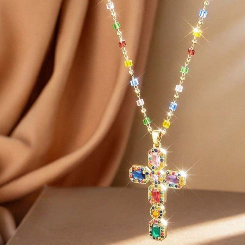Boho Multicolor Gem Cross Necklace