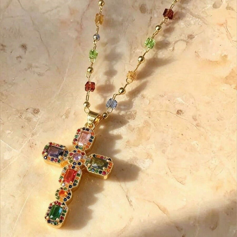 Boho Multicolor Gem Cross Necklace