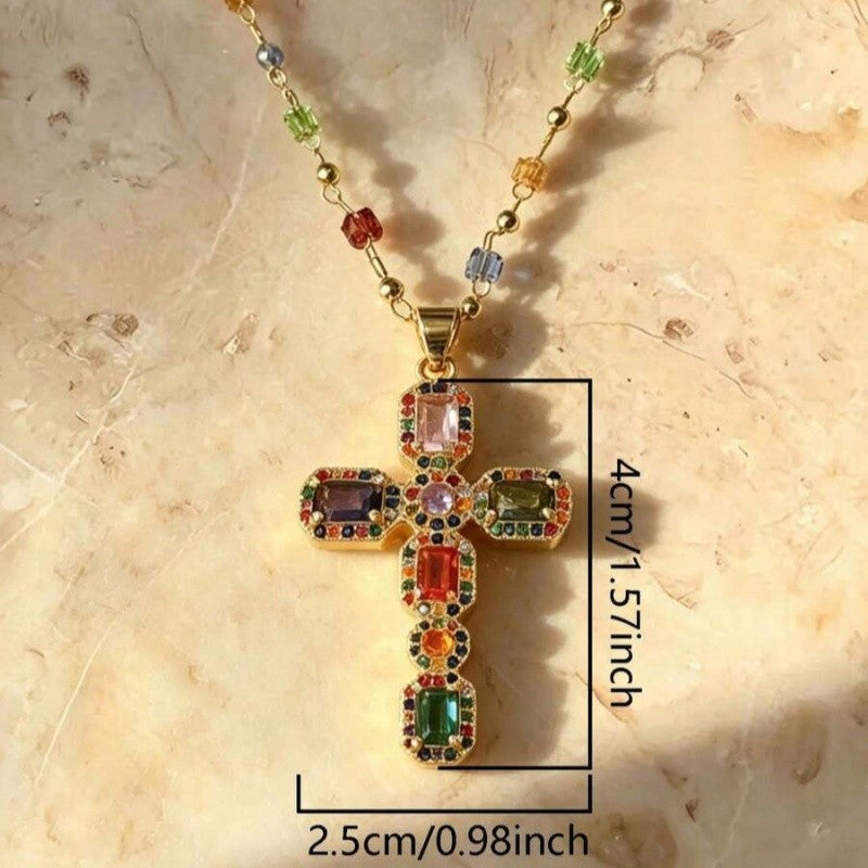 Boho Multicolor Gem Cross Necklace