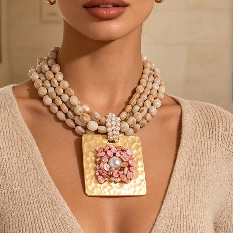 Boho Multi-Layer Beaded Square Pendant Necklace