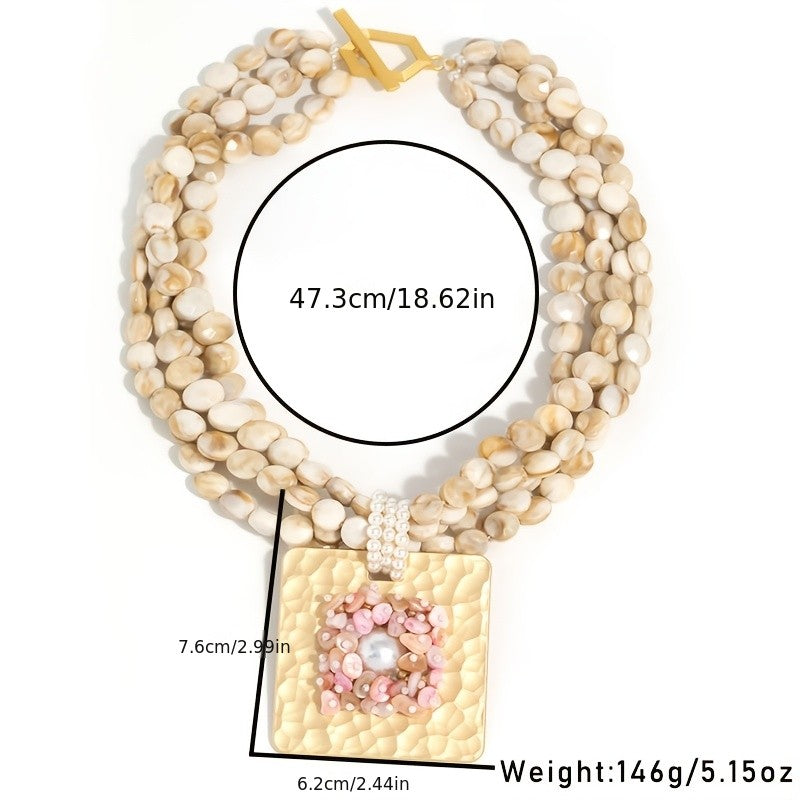 Boho Multi-Layer Beaded Square Pendant Necklace