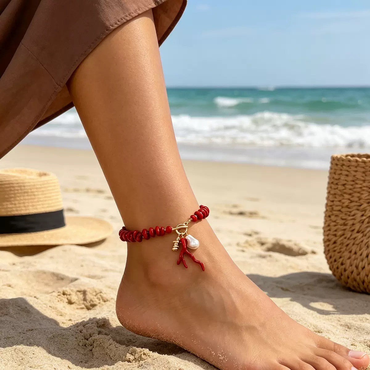 Boho Red Coral Branch Pearl Anklet