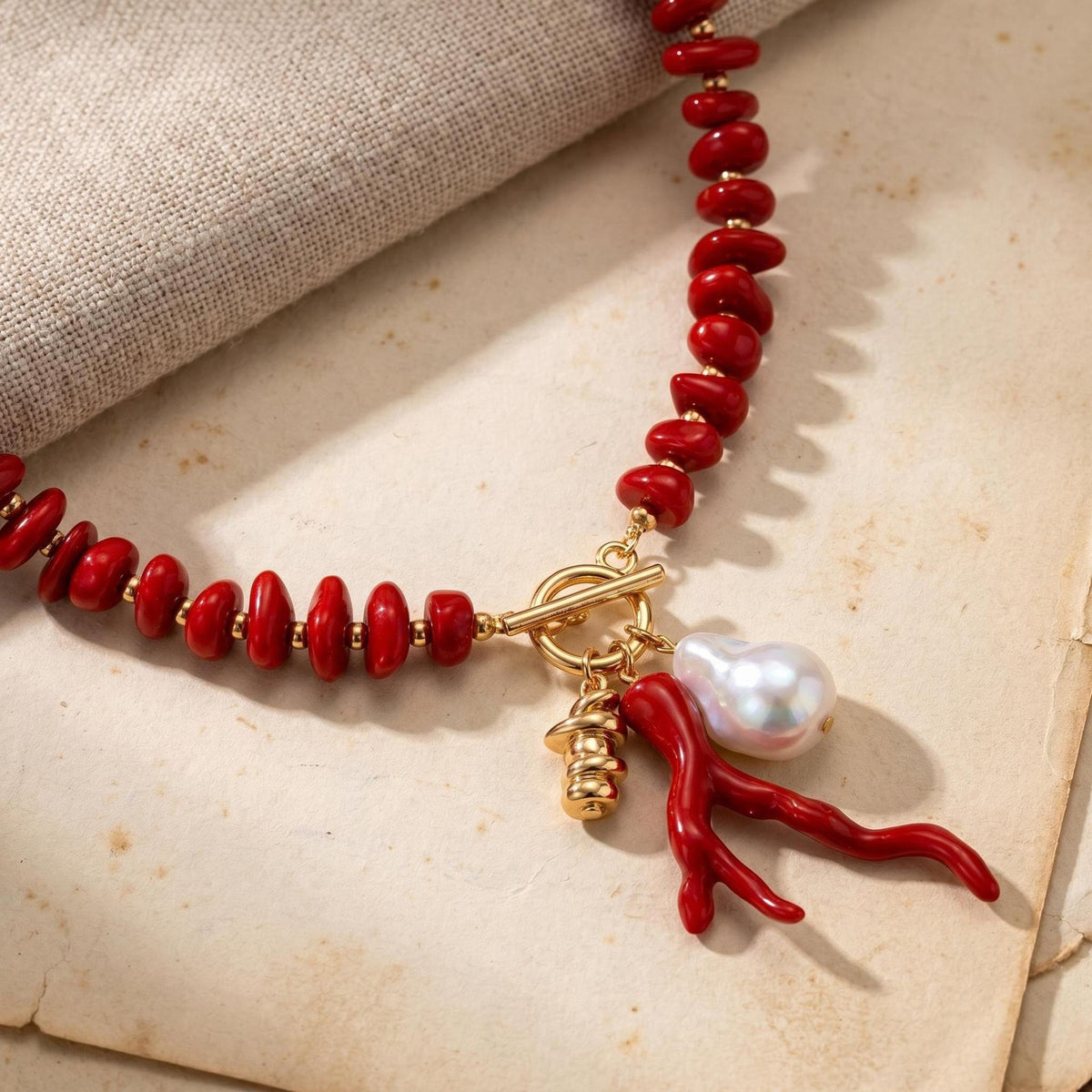 Boho Red Coral Branch Pearl Anklet