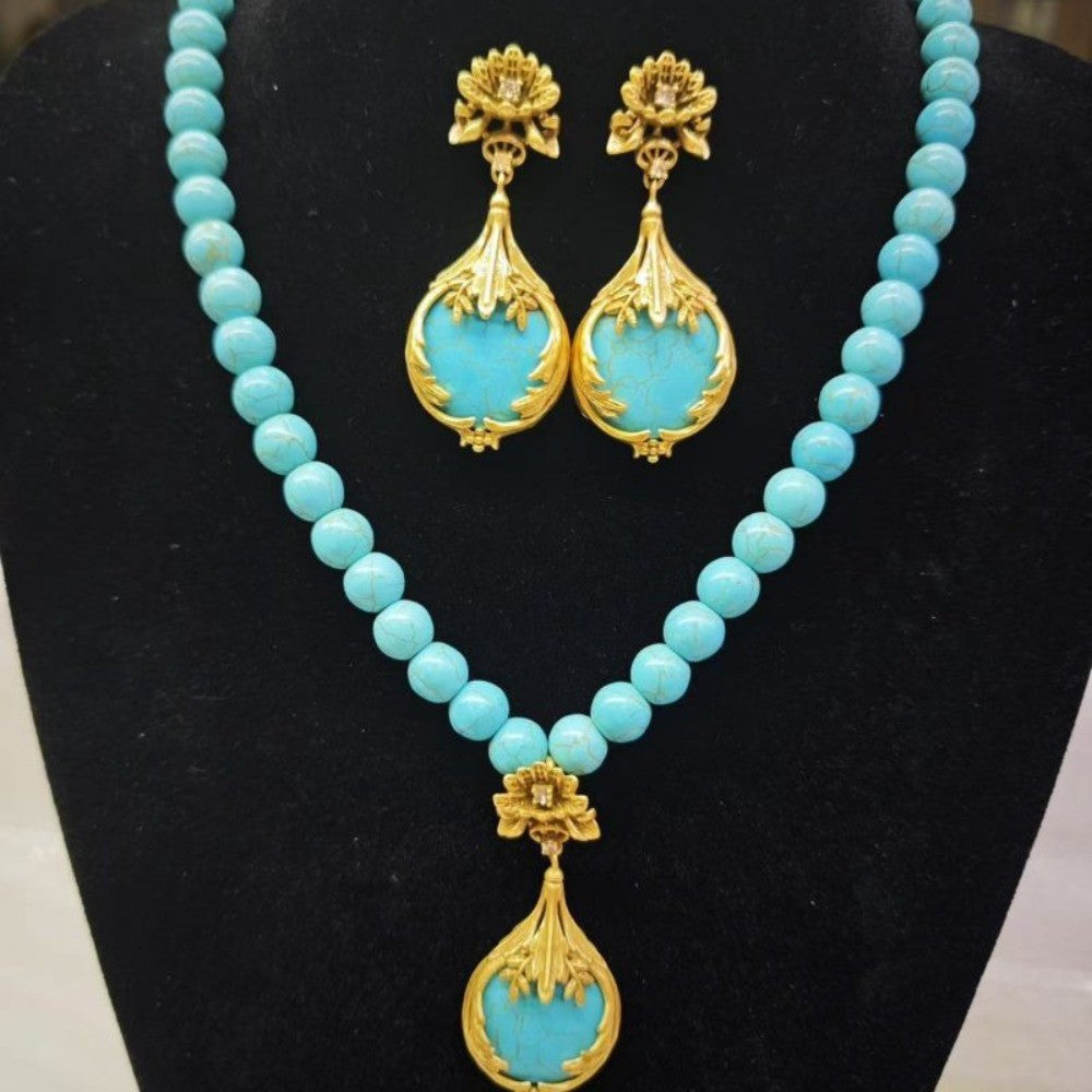 Vintage Turquoise Lotus Necklace & Earring Set