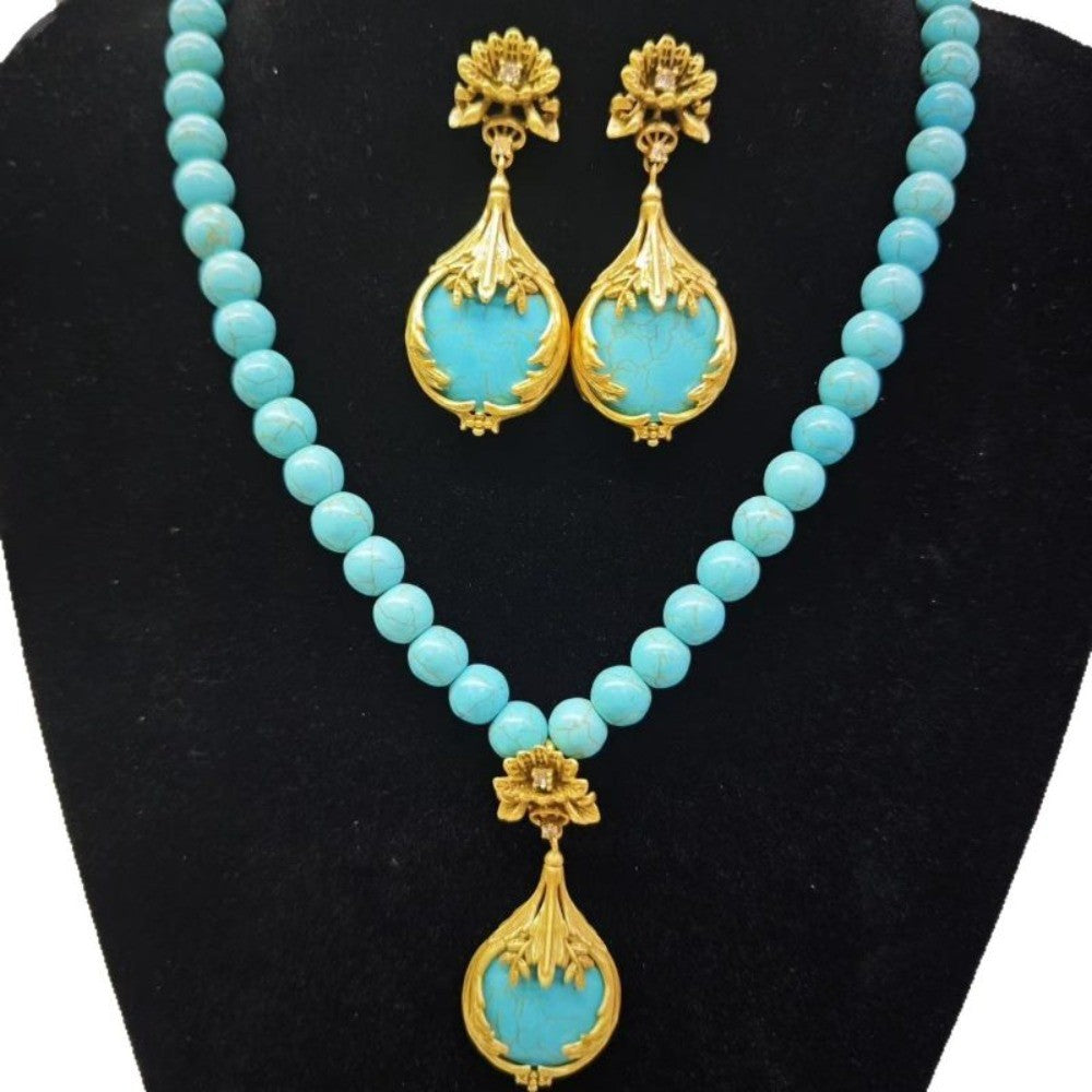 Vintage Turquoise Lotus Necklace & Earring Set