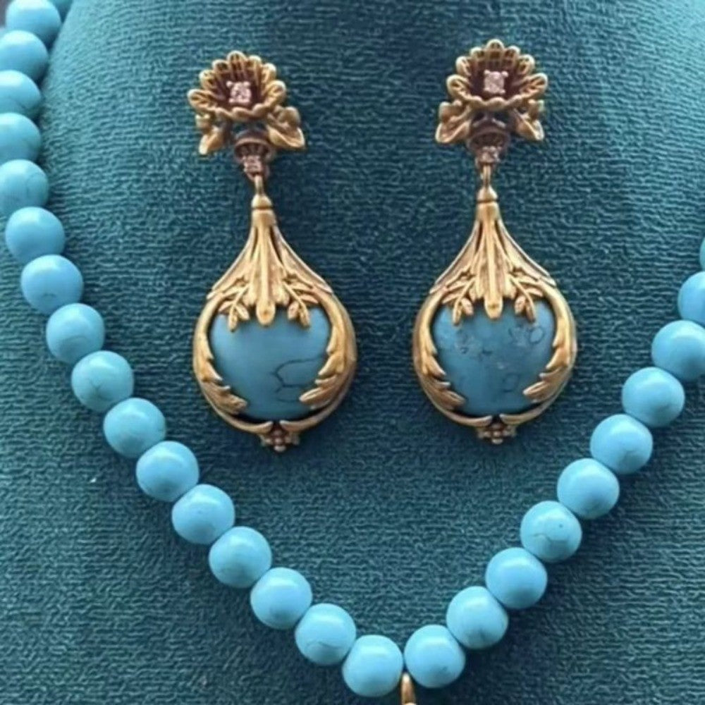 Vintage Turquoise Lotus Necklace & Earring Set