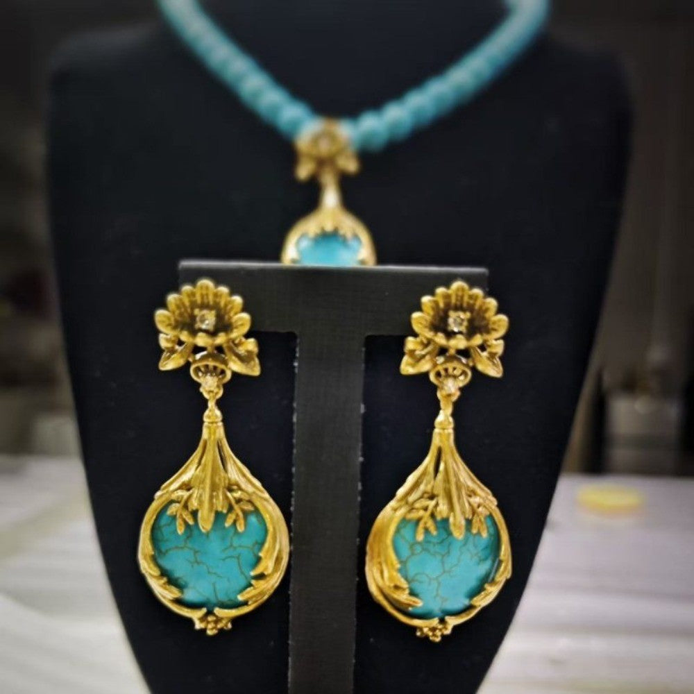 Vintage Turquoise Lotus Necklace & Earring Set