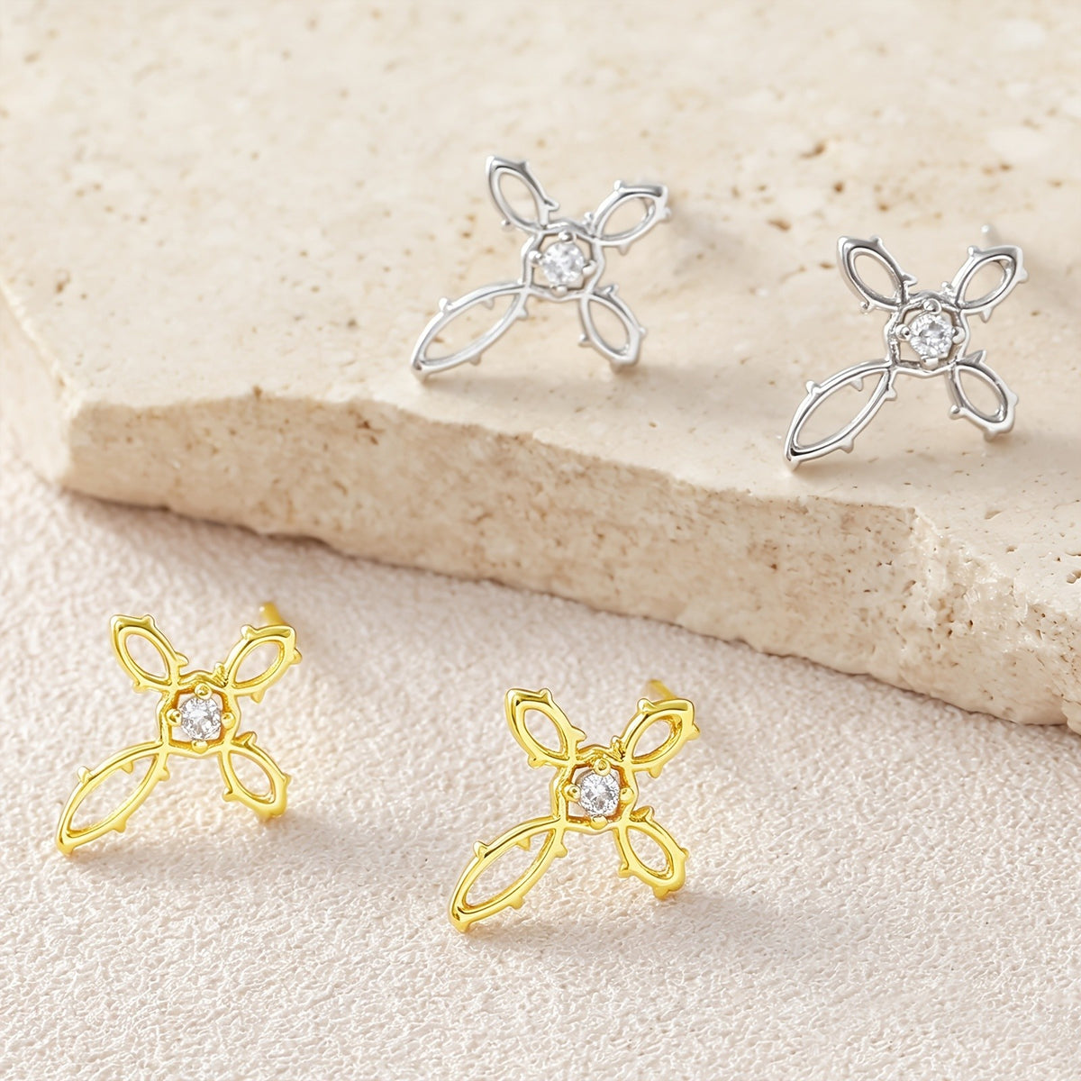 18k Gothic Thorn Cross Stud Earrings