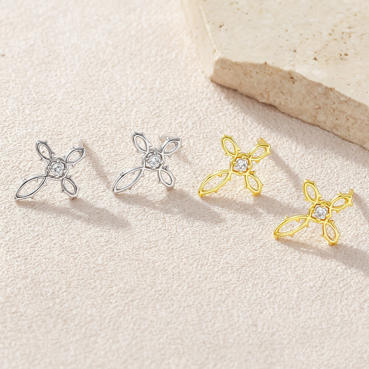 18k Gothic Thorn Cross Stud Earrings