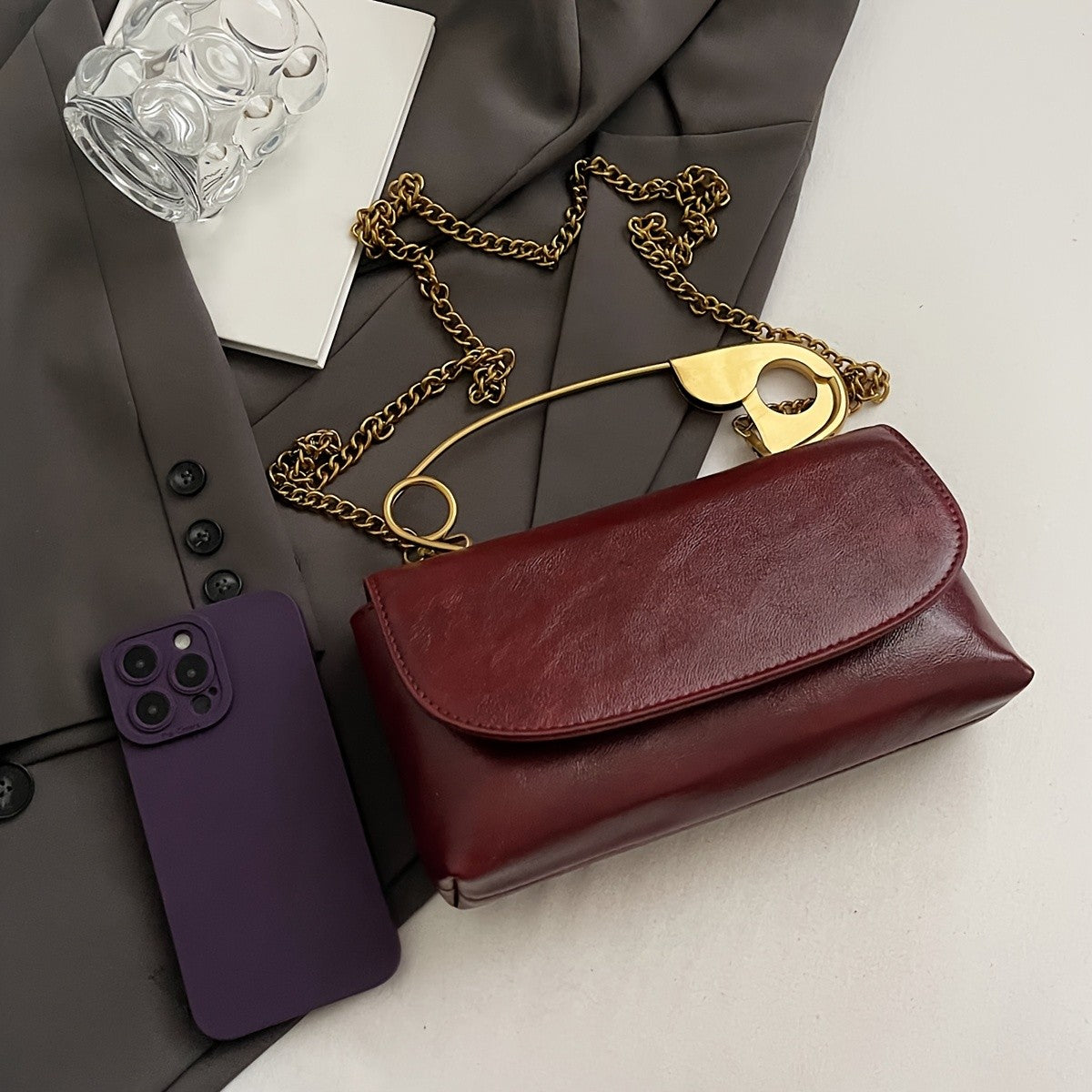 Chic Burgundy Safety Pin Crossbody Bag