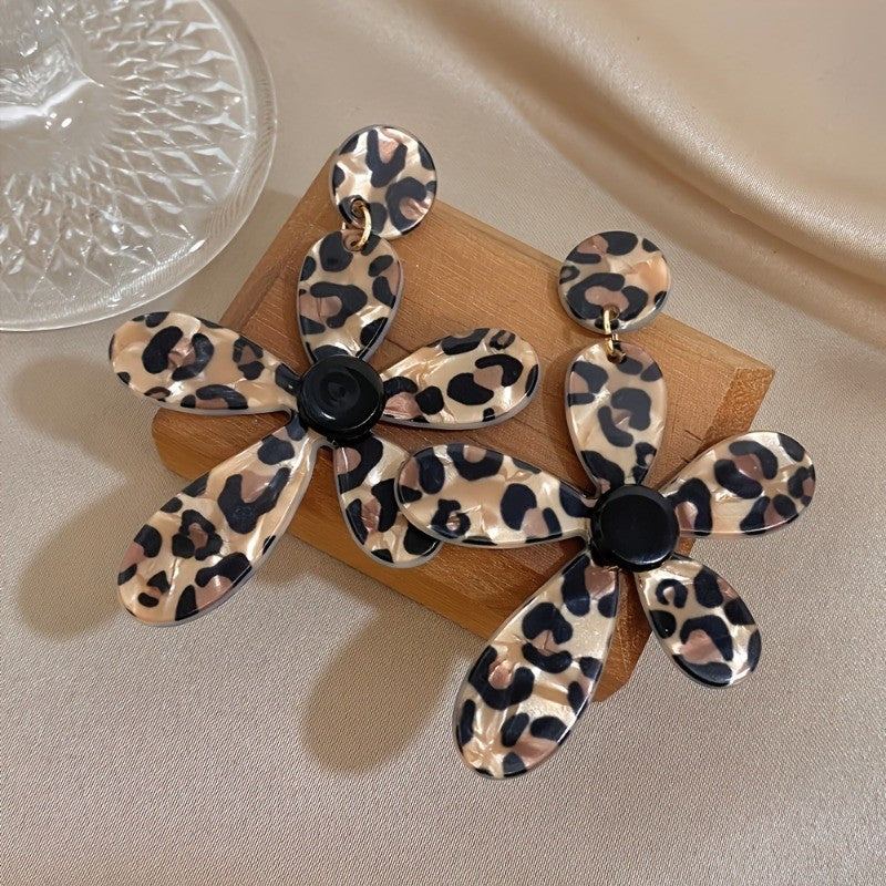 Vintage Leopard Print Flower Drop Earrings