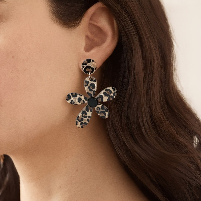 Vintage Leopard Print Flower Drop Earrings