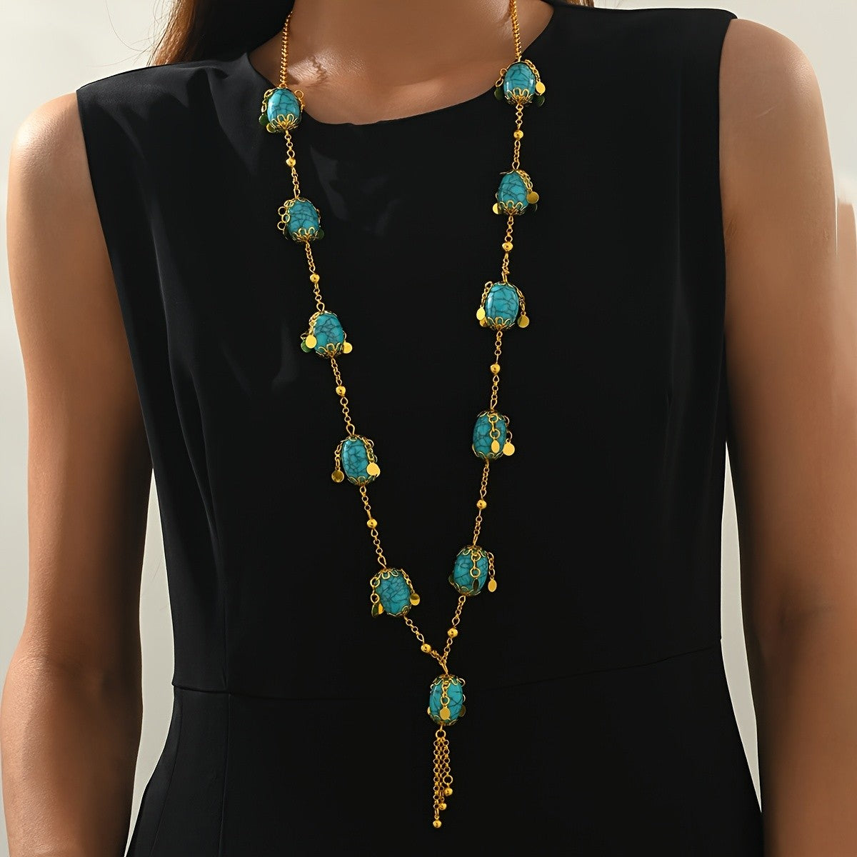 Boho Vintage Faux Turquoise Long Necklace