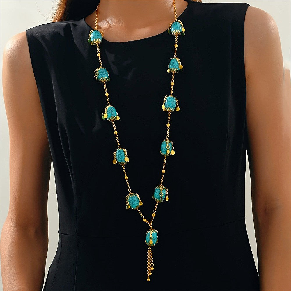 Boho Vintage Faux Turquoise Long Necklace