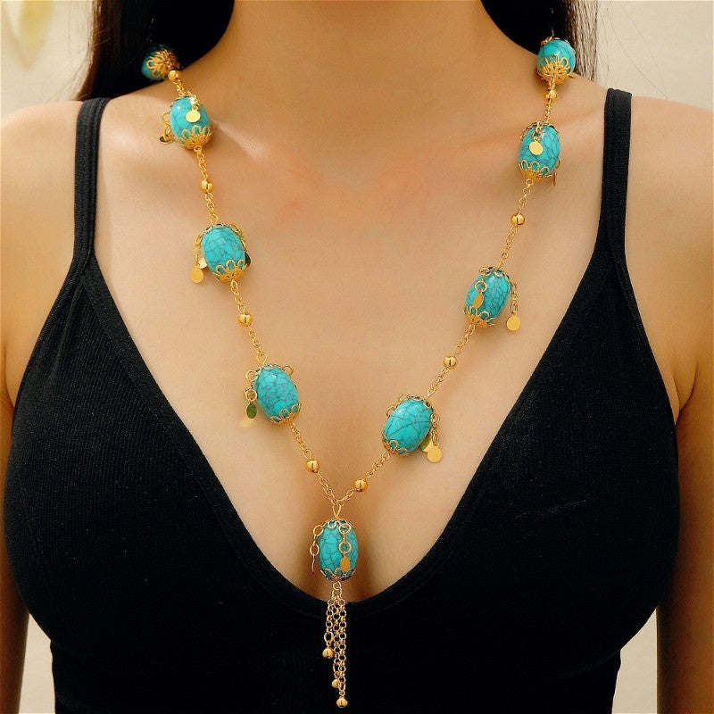 Boho Vintage Faux Turquoise Long Necklace