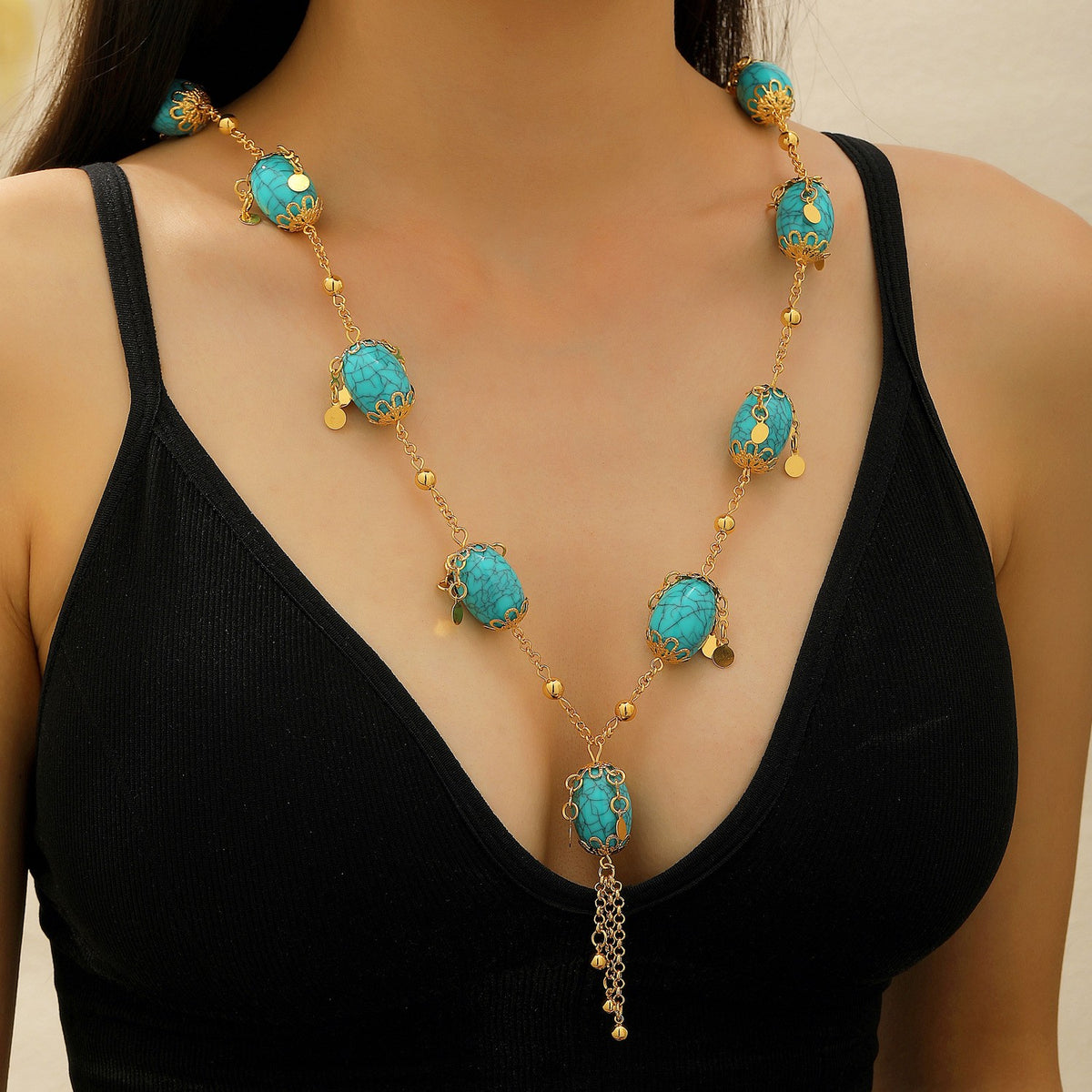 Boho Vintage Faux Turquoise Long Necklace