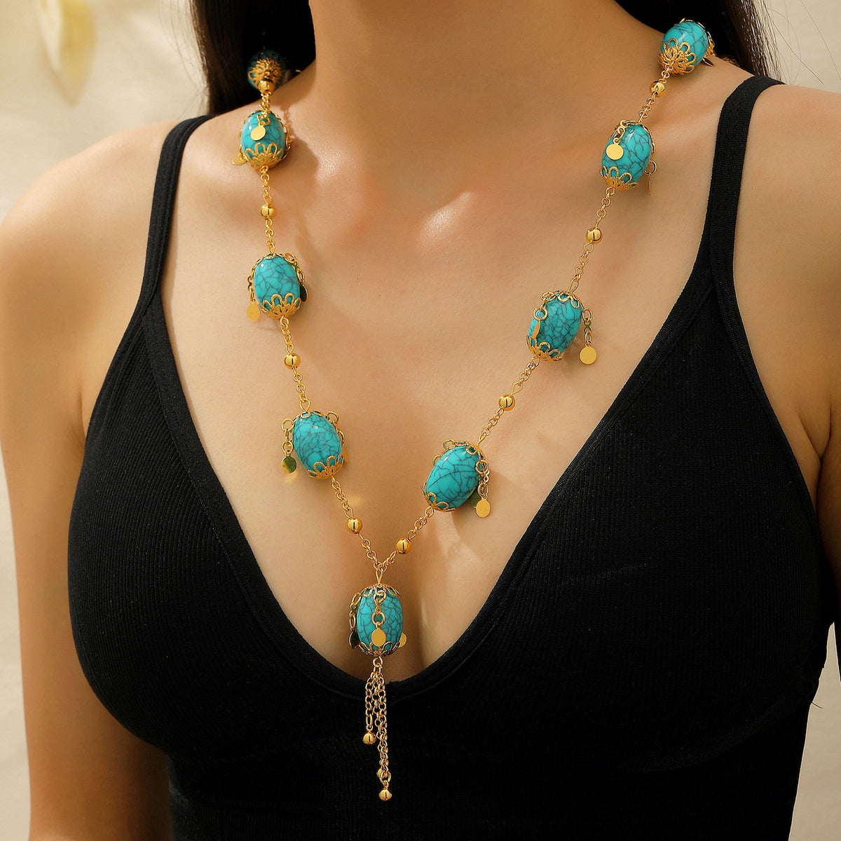 Boho Vintage Faux Turquoise Long Necklace