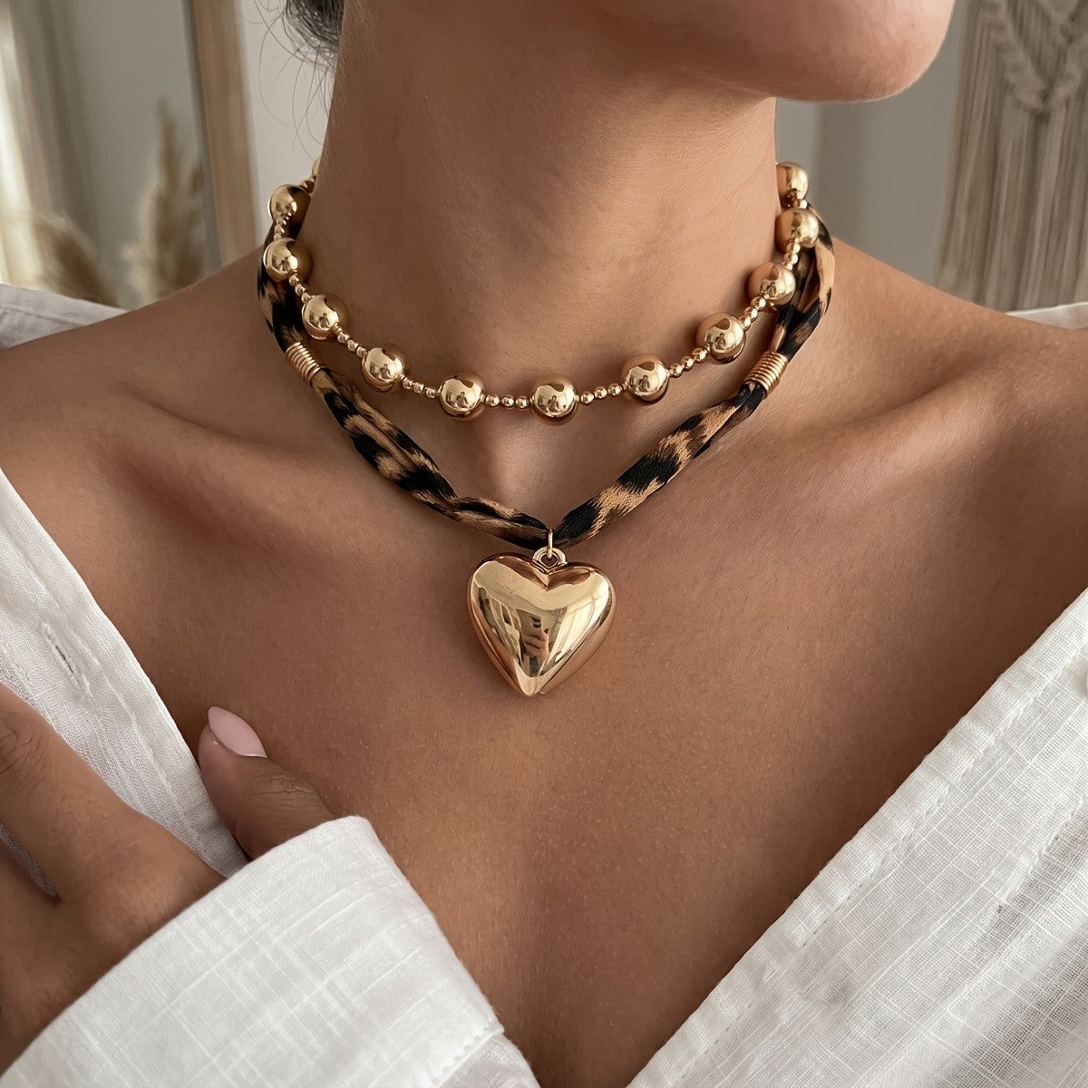 Leopard Print Heart Layered Necklace