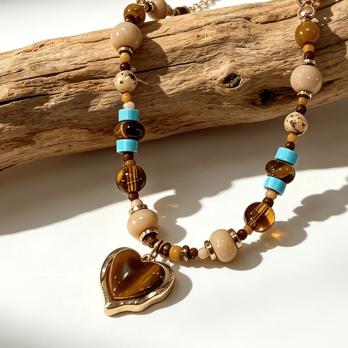 Boho Tiger Eye Heart Beaded Necklace