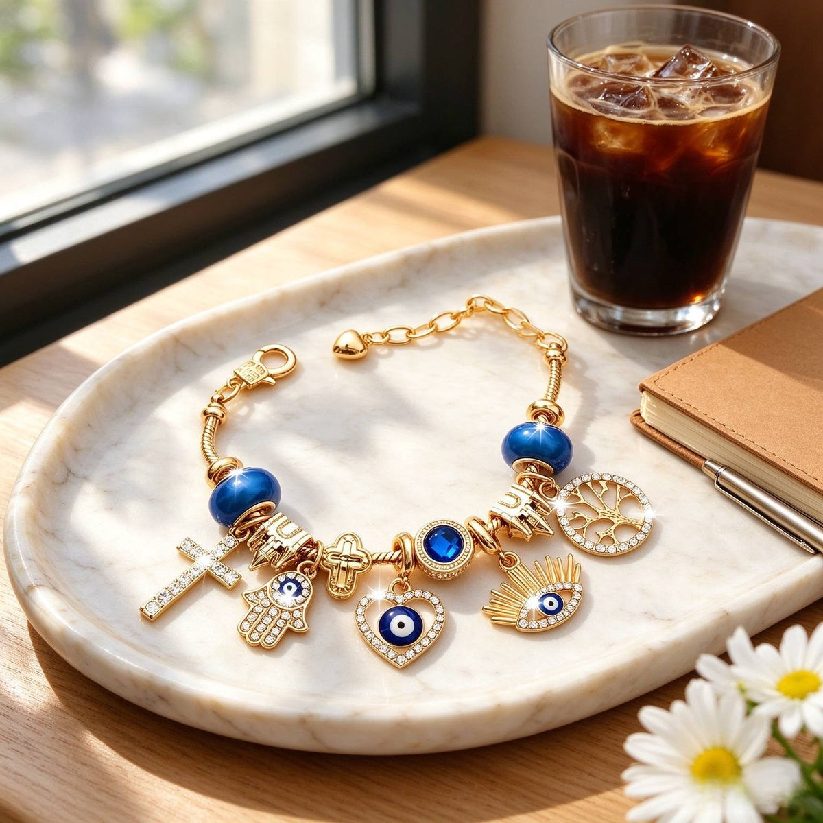 14k Boho Evil Eye Charm Bracelet