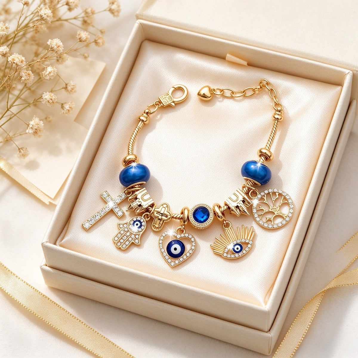 14k Boho Evil Eye Charm Bracelet