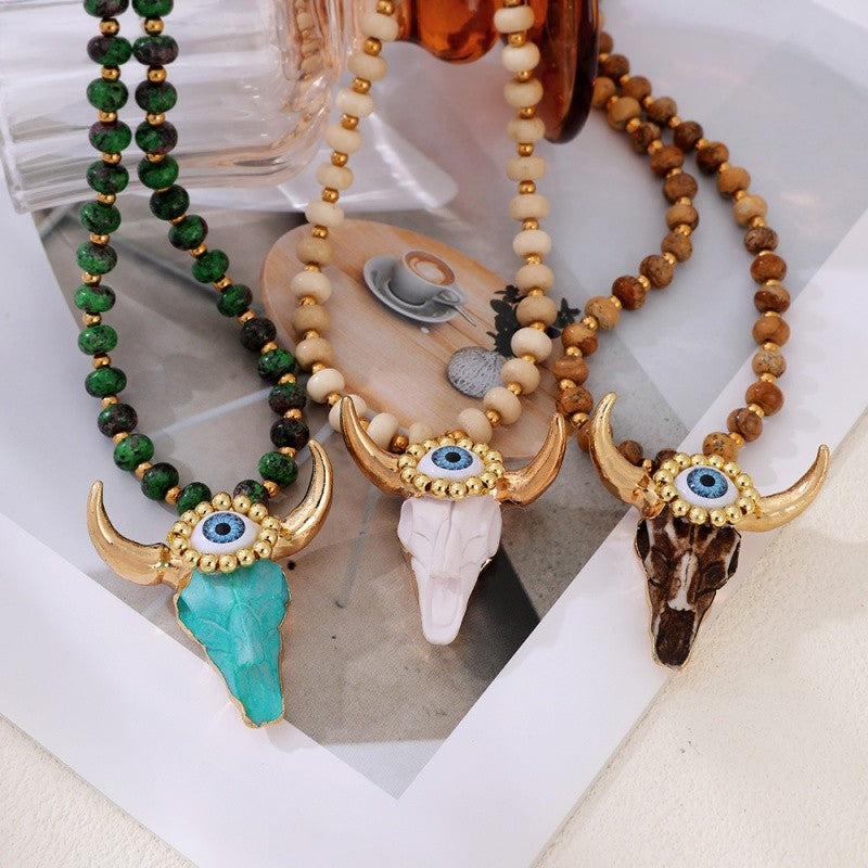 Boho Triple Bull Skull Bead Necklace