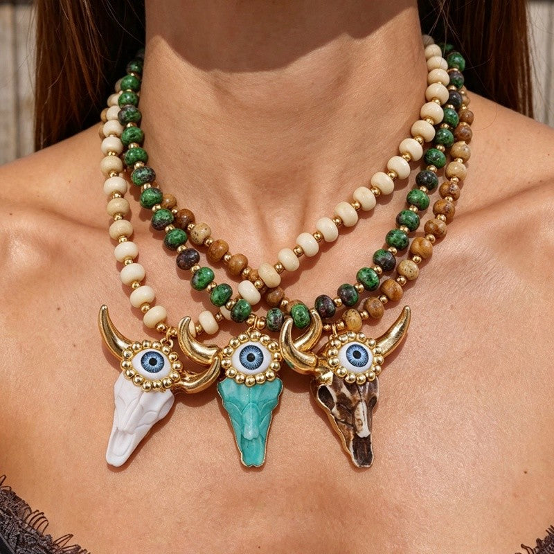 Boho Triple Bull Skull Bead Necklace