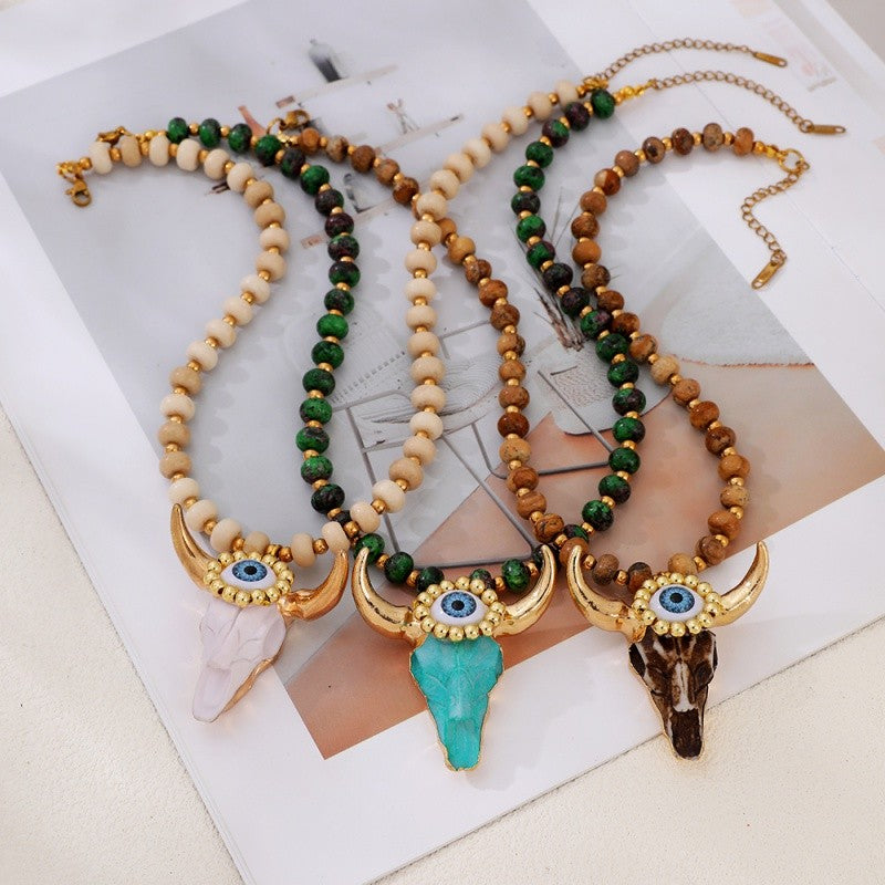 Boho Triple Bull Skull Bead Necklace