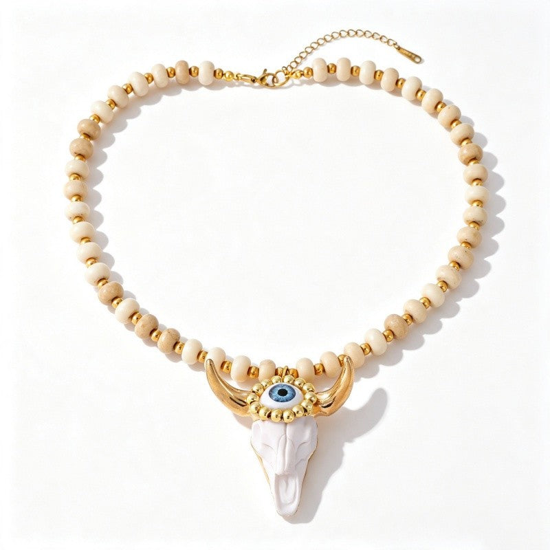 Boho Triple Bull Skull Bead Necklace