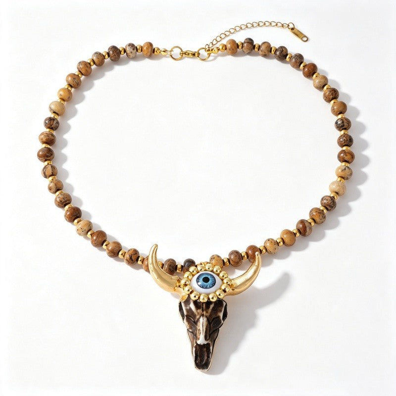 Boho Triple Bull Skull Bead Necklace