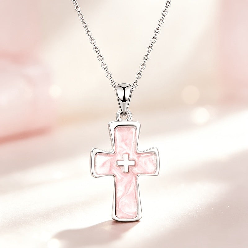 Dainty Pink Marble Cross Necklace