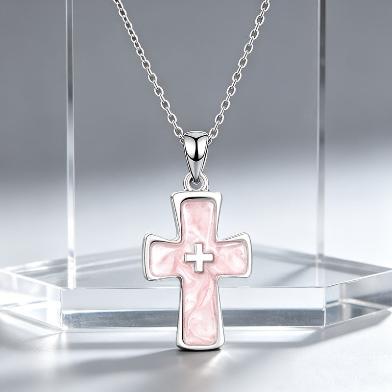 Dainty Pink Marble Cross Necklace