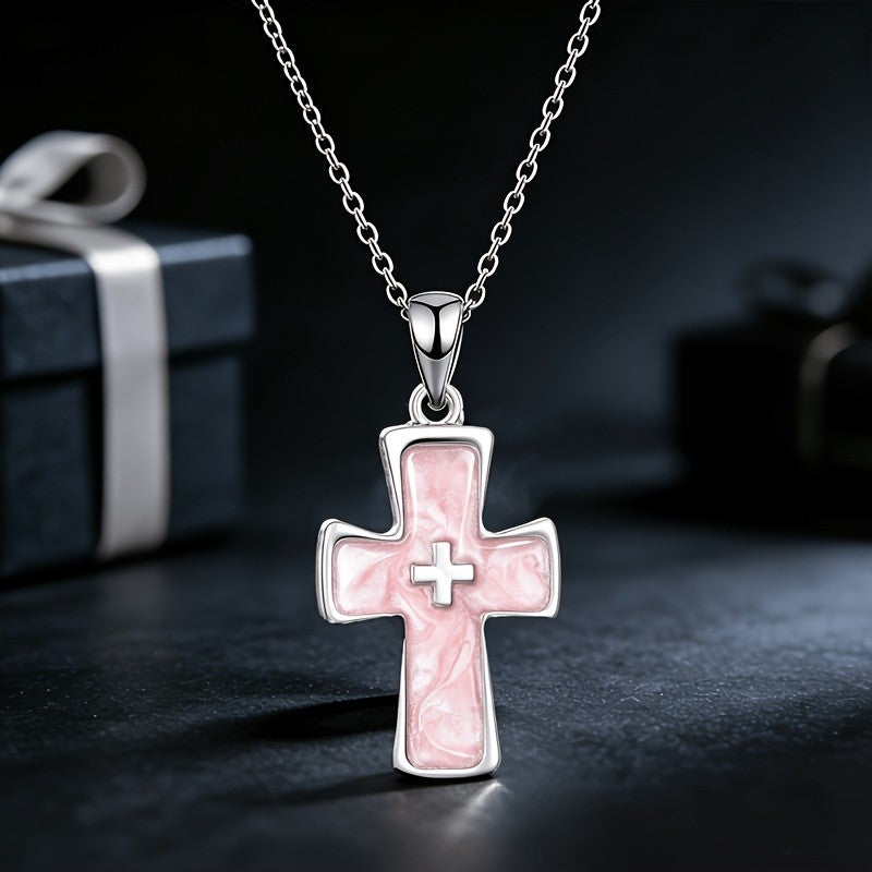 Dainty Pink Marble Cross Necklace