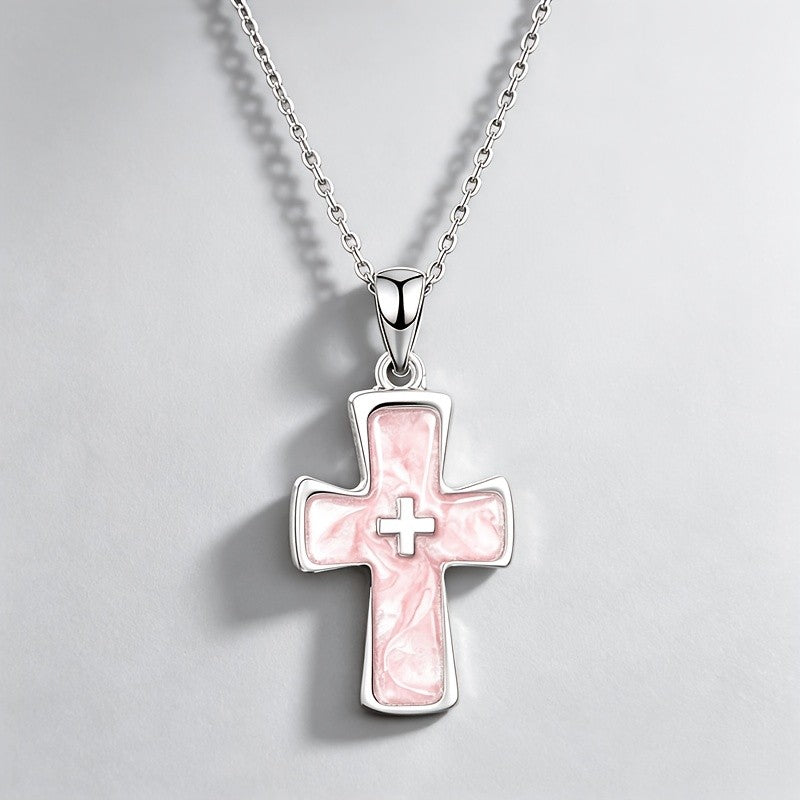 Dainty Pink Marble Cross Necklace