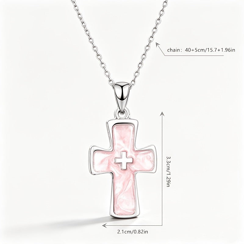 Dainty Pink Marble Cross Necklace