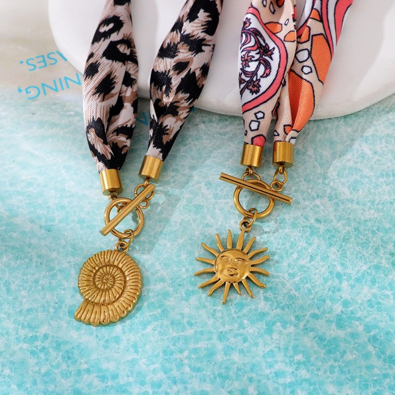 18k Boho Printed Fabric Sun OT Necklace