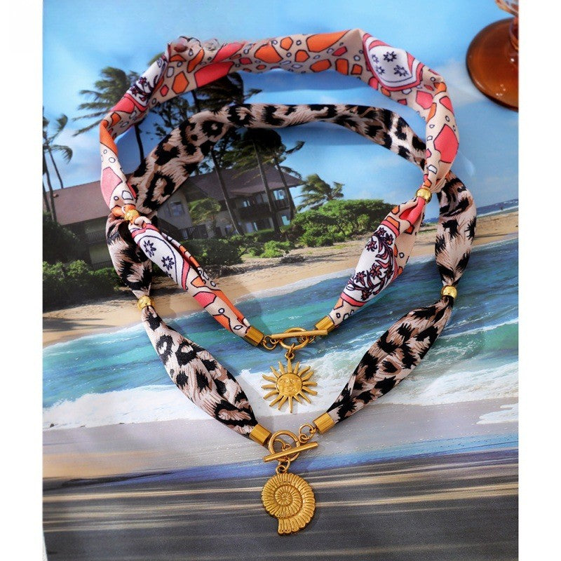 18k Boho Printed Fabric Sun OT Necklace