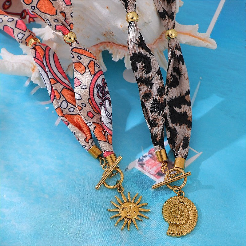 18k Boho Printed Fabric Sun OT Necklace