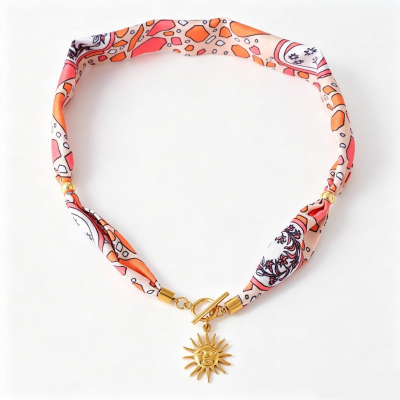 18k Boho Printed Fabric Sun OT Necklace
