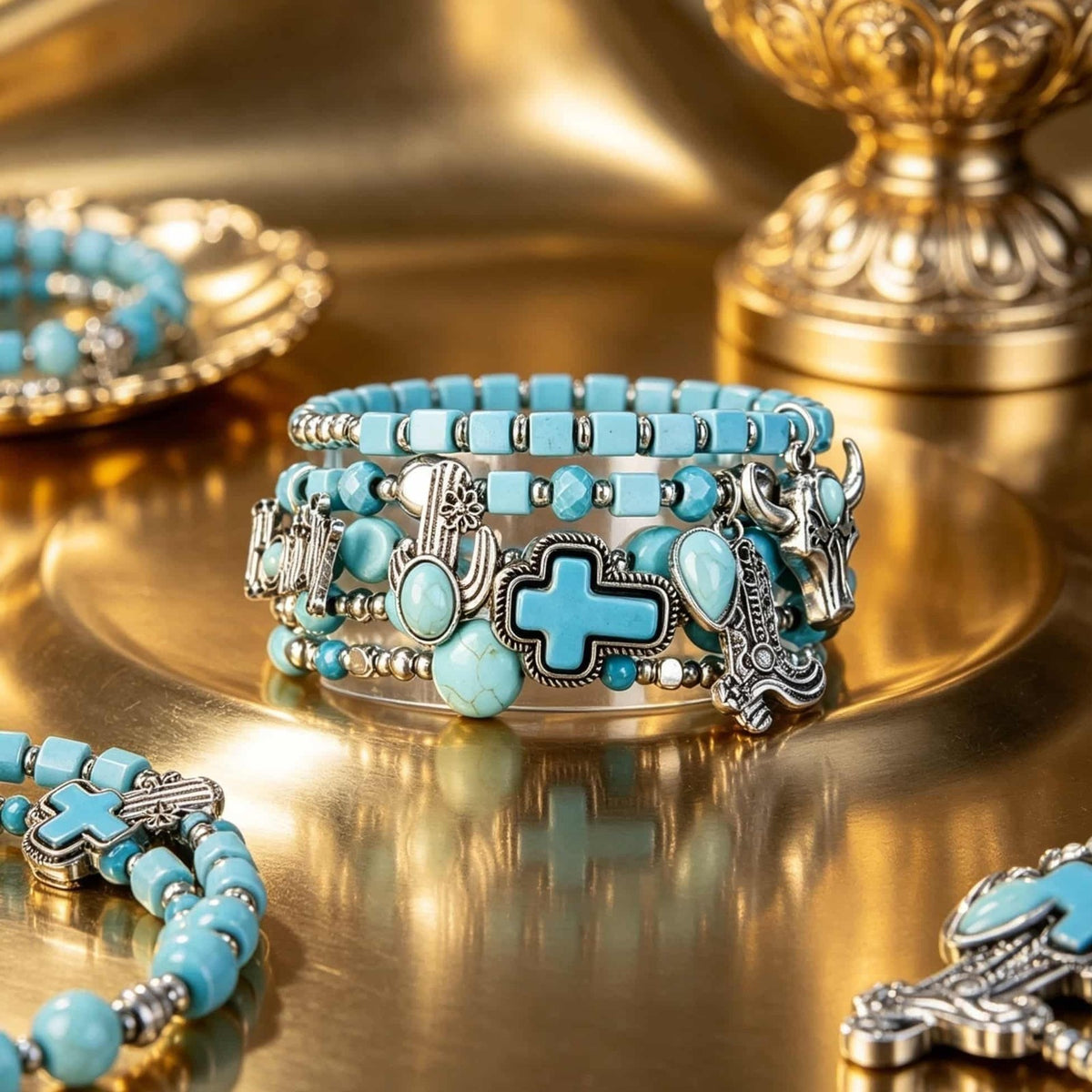 Boho Vintage Turquoise Cross & Charm Bracelet Set