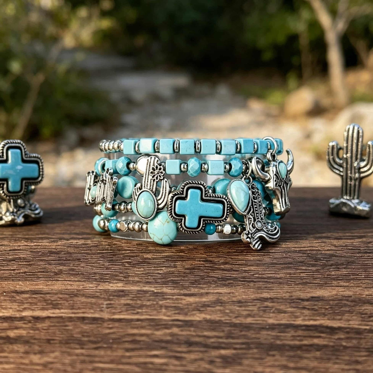 Boho Vintage Turquoise Cross & Charm Bracelet Set